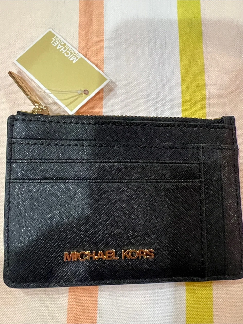 Michael Kors Black Saffiano Card Holder with Gold Logo